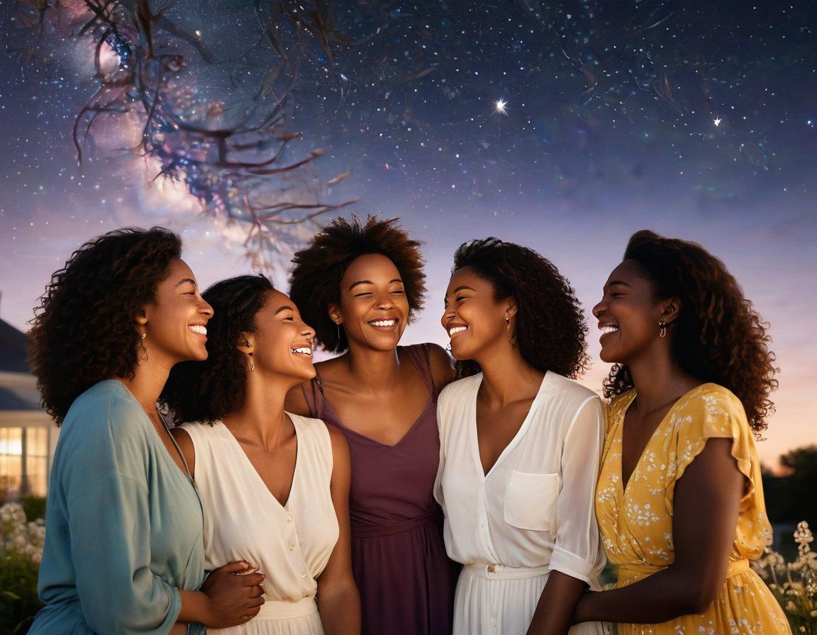 A heartwarming scene depicting a diverse group of women standing together, laughing and sharing stories, with a soft glowing light illuminating their faces. In the background, silhouettes of couples connecting under a starlit sky to represent companionship and affection. Incorporate elements of nature like blooming flowers and gentle breezes, symbolizing growth and empowerment. The color palette should be warm and inviting, capturing the essence of love and friendship. vibrant colors. soft-focus. warm tones.