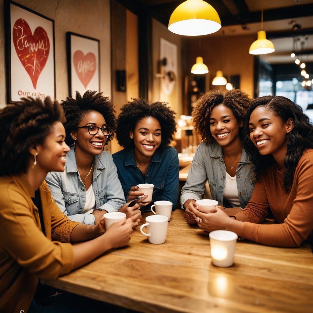 A diverse group of empowered women sitting together in a cozy café, sharing laughter and secrets while browsing dating apps on their phones. Each woman reflects different backgrounds and styles, symbolizing unity in diversity. Warm lighting fills the scene, emphasizing their strong bond and support for one another in the modern dating landscape. Engaging elements like coffee cups, vibrant decorations, and heart icons on the screens enhance the theme of friendship and dating. super-realistic. warm colors. inviting atmosphere.