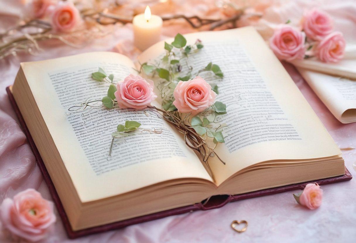 A beautifully illustrated open book revealing romantic secrets with swirling hearts, keys, and silhouettes of couples in love. A glowing light emerging from the pages to symbolize insights and guidance. Soft pastel colors create a warm, inviting atmosphere, enhancing the theme of love and connection. Include whimsical elements like flowers and vines to give it a dreamy feel. watercolor style. soft focus.